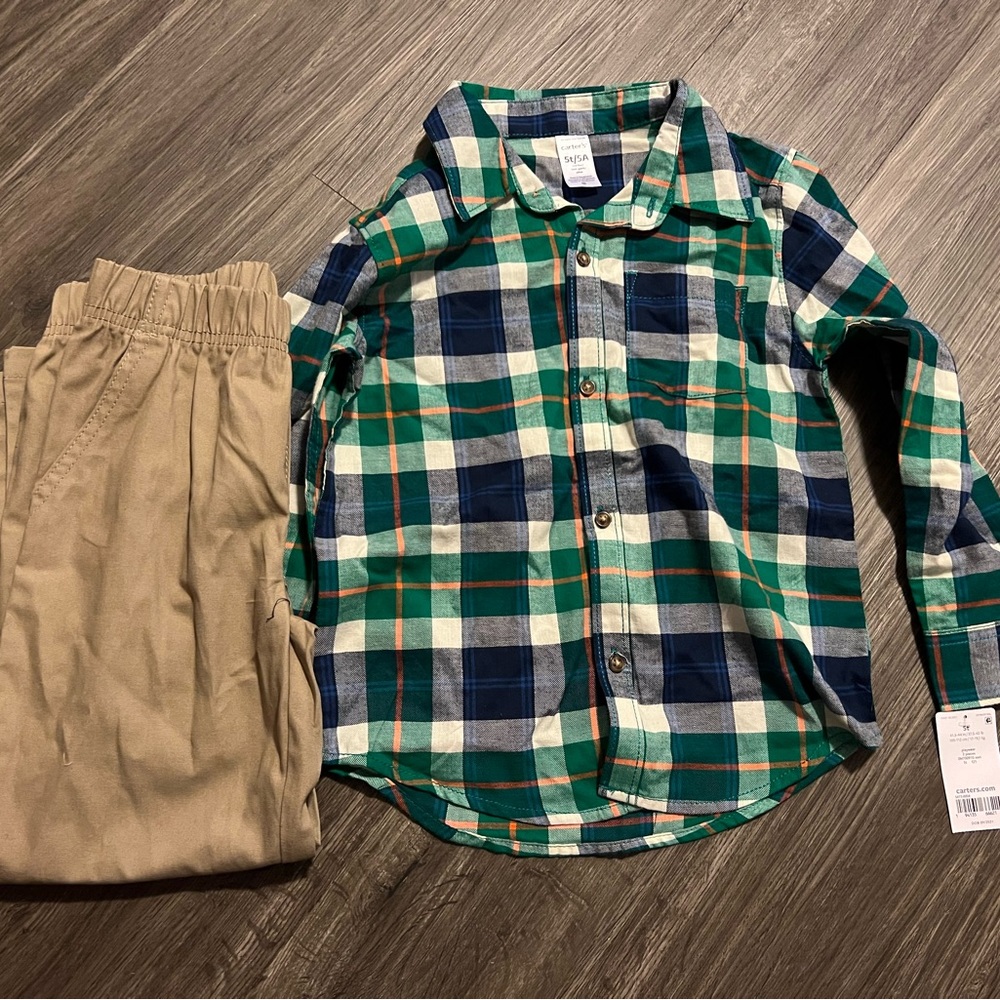 Carters - Plaid Button Up and Khaki Pants - 5T/5A